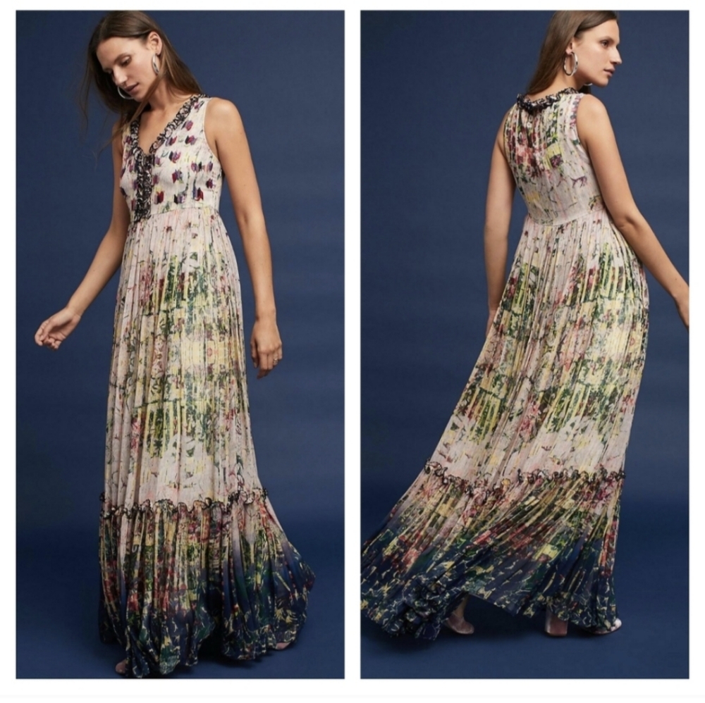 Bhanuni by Jyoti Beaded Floral Maxi Dress XS Anthropologie
